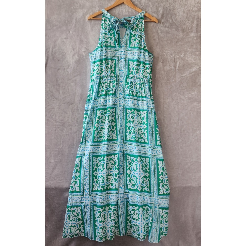 Talbots Dress Womens Size 12 Green Blue Tile Print Halter Maxi Pockets NWT